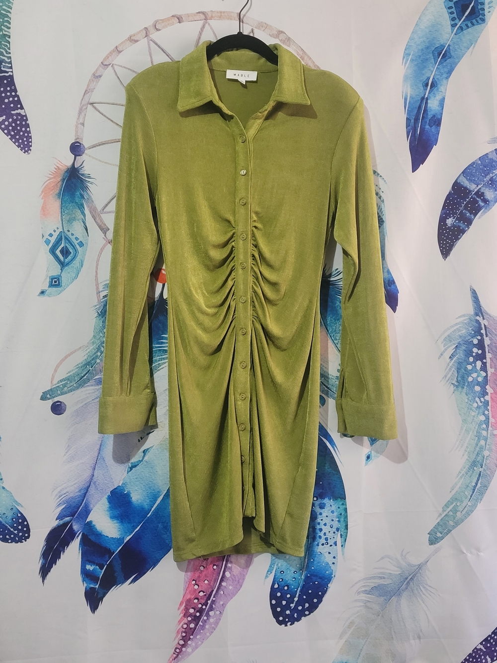 Olive Green Ruched Button-Down Shirt Dress